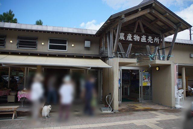 農産物直売所と書かれた建物の前に立つ白いイヌの写真