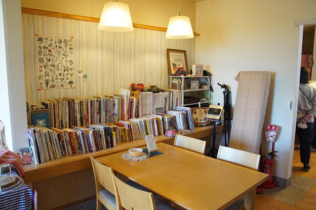 Photo showing many books lined up spine-side-out on the shelf across the table